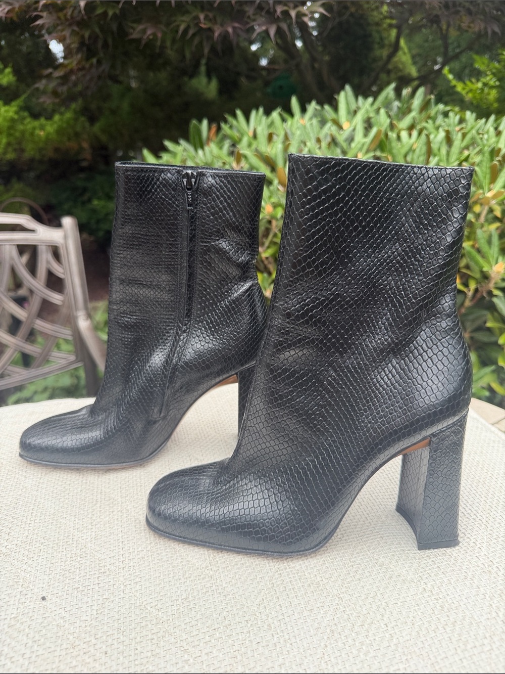 BY FAR Black Textured Snake-Embossed Heeled Ankle Boots
